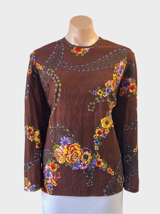 Delden vintage 70's top in brown and yellow floral print with side vents for smart casual or office wear.