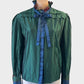 Designer Alan Austin vintage 80's shirt in green and blue pure silk with ruffle collar and striped cuffs for evening or special events.