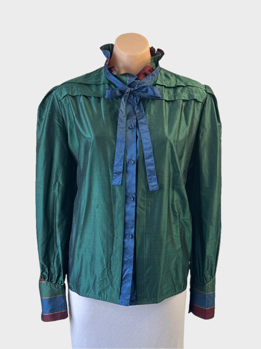 Designer Alan Austin vintage 80's shirt in green and blue pure silk with ruffle collar and striped cuffs for evening or special events.