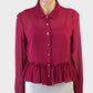 Designer Alannah Hill shirt in raspberry sheer silk crepe with daisy motif buttons, standard collar and gathered peplum for office or special events.