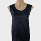 Designer ARA black and gold sleeveless top with polka dots, satin finish, and scoop neck for evening or office wear.