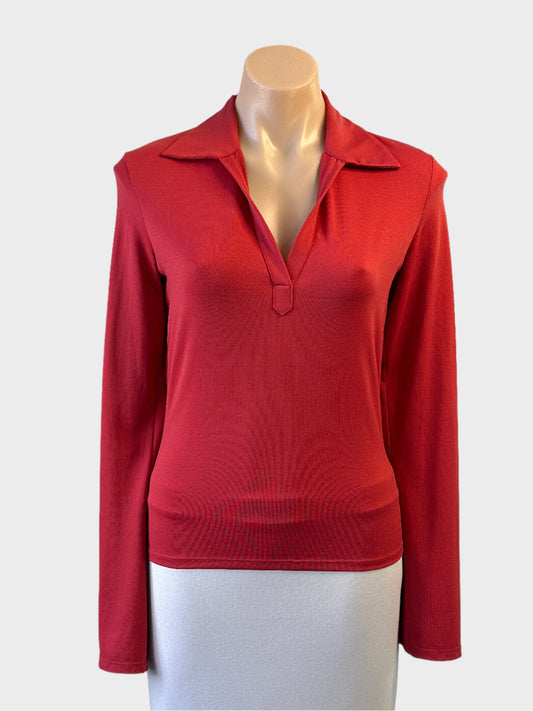 Designer Armani Exchange orange jersey vintage 90's top with Johnny collar for office or smart casual wear.