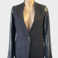 Designer Arthur Galan black cotton wool jacket with leather sleeves and band collar for smart casual or office wear.