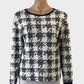 Designer Baum und Pferdgarten top in navy blue and white houndstooth jersey with bateau neck for office or smart casual.