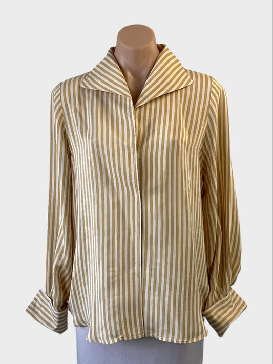 Designer beige and white striped pure silk shirt with wing collar and French cuffs for office wear.