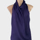 Designer Bianca Spender purple bias cut top in silk crepe with shawl collar, draped front, and pleated back for evening or special events.