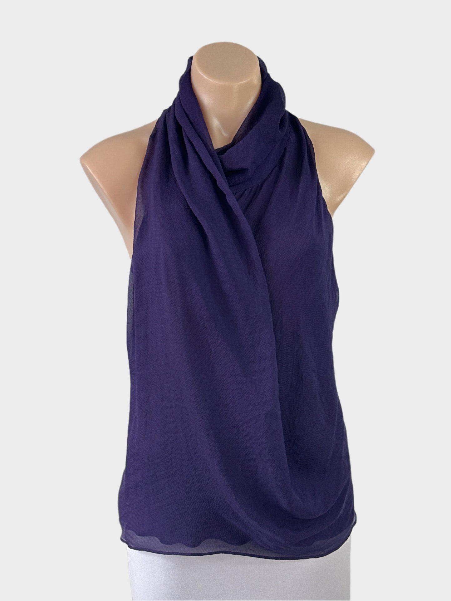 Designer Bianca Spender purple bias cut top in silk crepe with shawl collar, draped front, and pleated back for evening or special events.