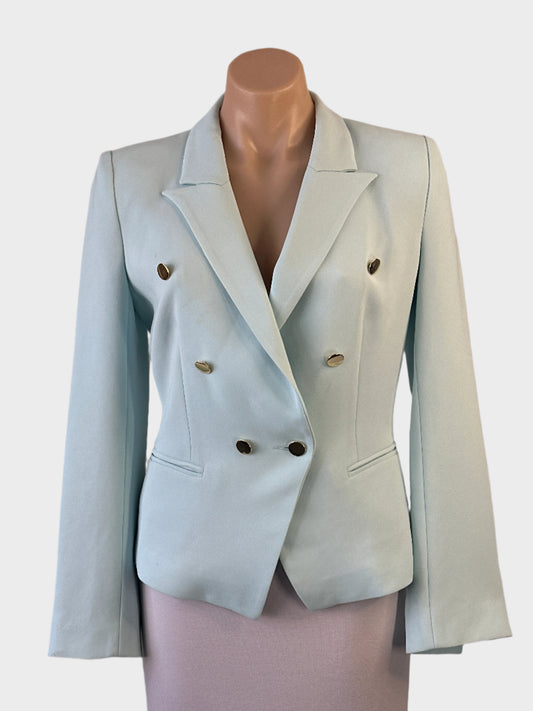 Designer Carla Zampatti blue classic double-breasted jacket with gold buttons, wing lapels, and jetted pockets for office wear.