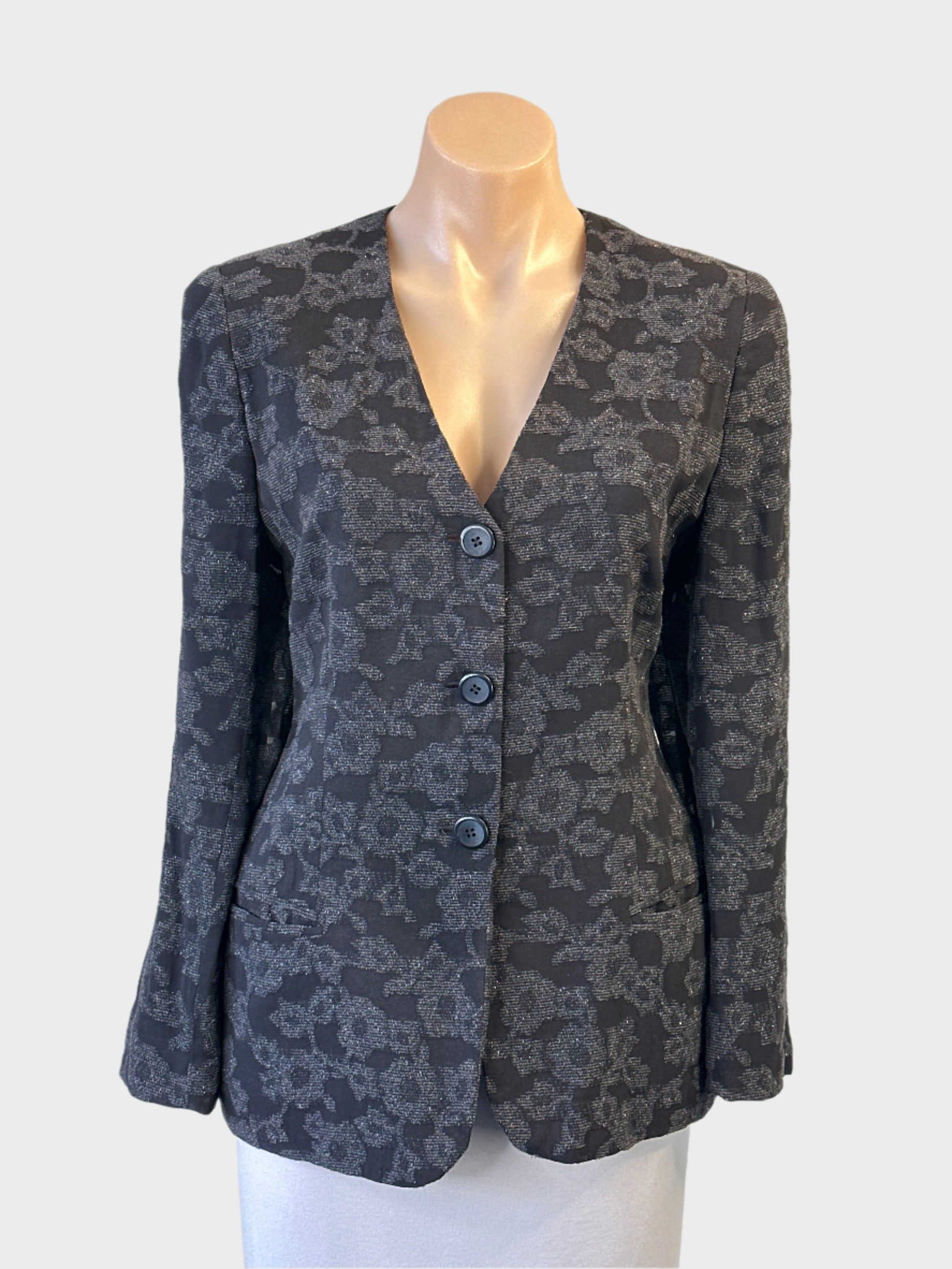 Designer Cerruti 1881 black and grey textured weave cardigan jacket with floral motif for office wear.
