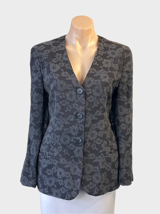 Designer Cerruti 1881 black and grey textured weave cardigan jacket with floral motif for office wear.
