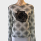 Designer David Pond top in black and white flock polka dot mesh with appliqué rosette for smart casual or evening wear.