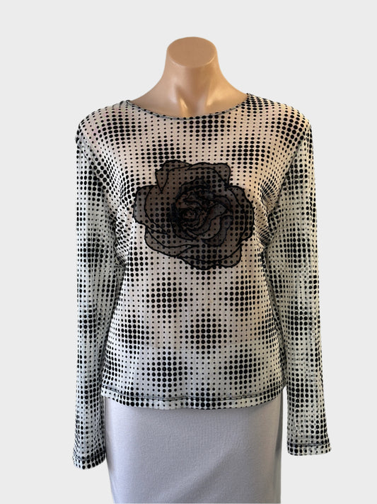 Designer David Pond top in black and white flock polka dot mesh with appliqué rosette for smart casual or evening wear.