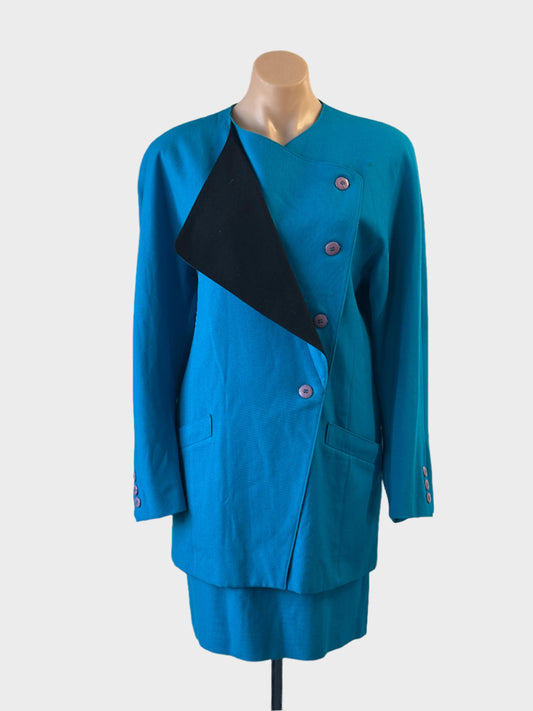 Designer DIGBYS vintage 80's blue and black wool skirt and jacket set with dolman sleeves for office or special events.