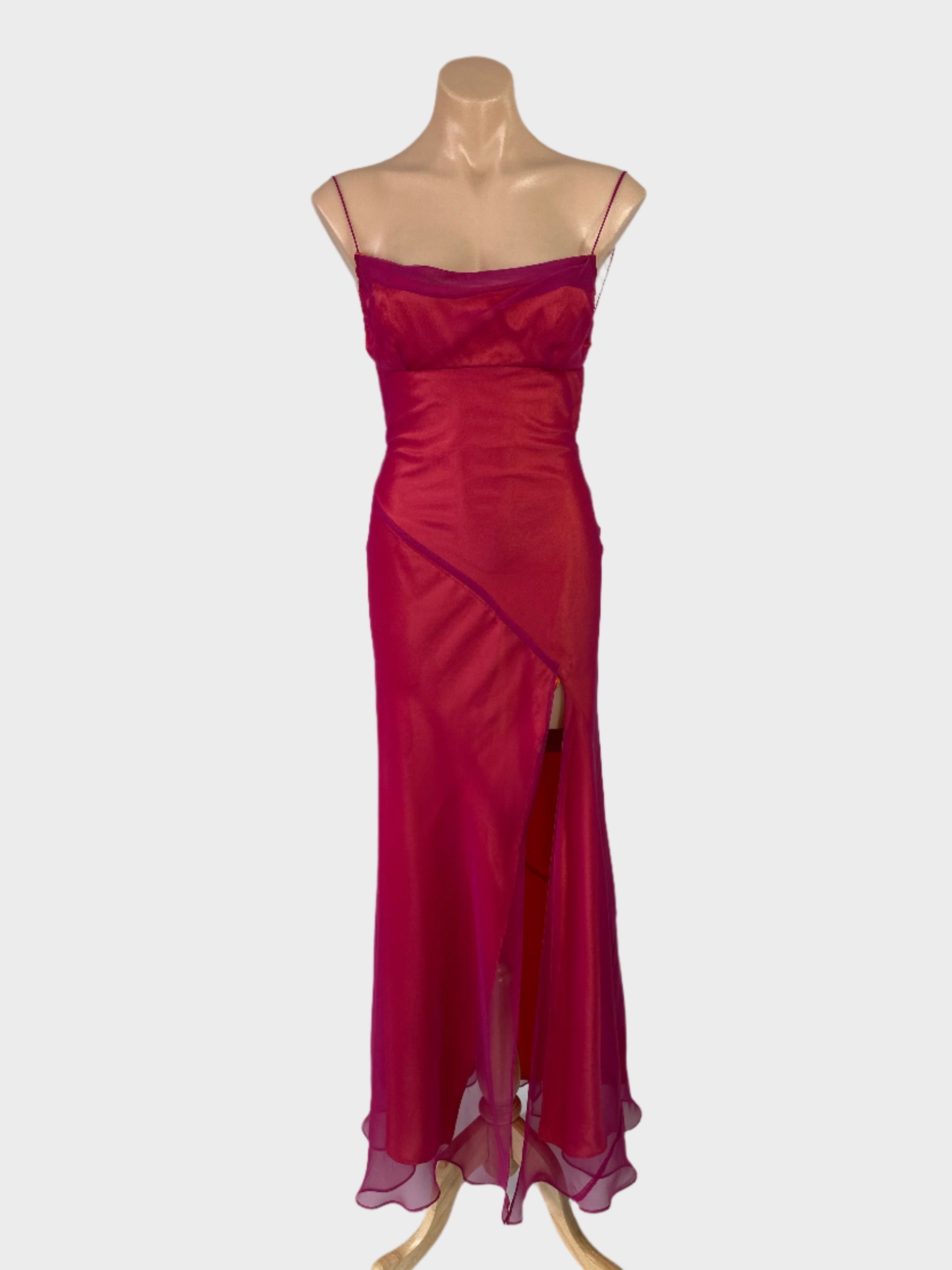 Designer Eileen Kirby pink and orange backless gown with sheer overlay, satin slip, and goddess split skirt for formal wear.