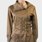 Designer Ermis brown double breasted jacket with ruched front and belted waist for office or special events.
