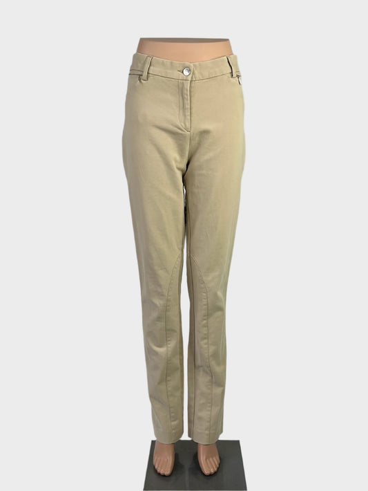 Designer GANT beige straight leg chino pants in cotton twill with mid-rise waist and zip front pockets for smart casual wear.