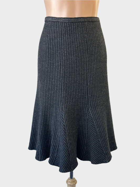 Designer Gerry Weber grey godet skirt in pinstriped weave with zigzag stitching for office wear.