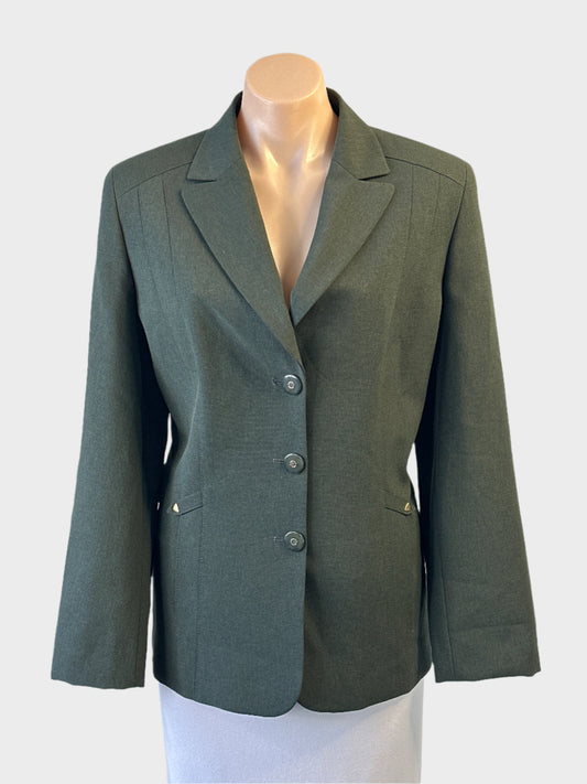 Designer Gray & Osbourn green single breasted jacket with top stitched seams and tab detail for office or smart casual wear.