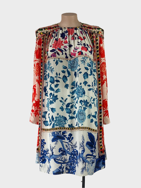 Designer Hemant & Nandita multicoloured Boho style shift dress in silk with floral prints, embellished epaulettes, and keyhole back for special events or evening wear.