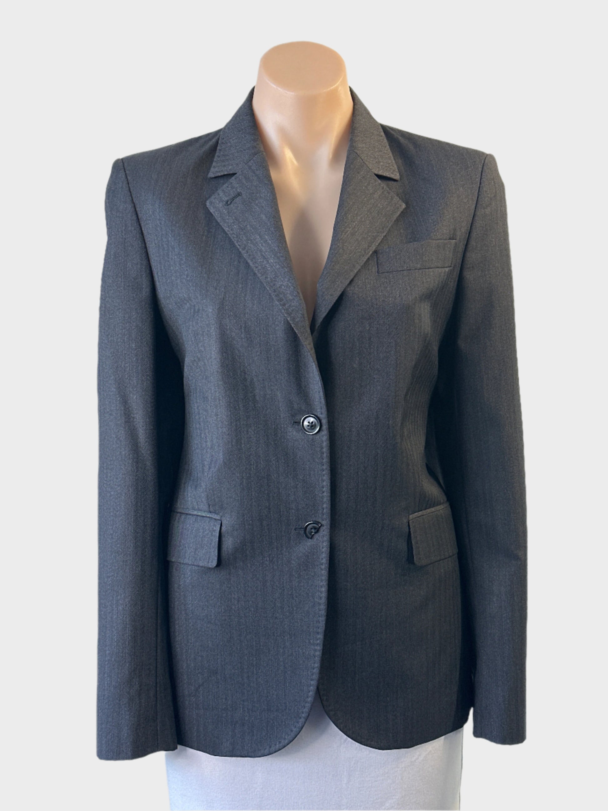 Designer Herringbone grey single breasted jacket in shadow stripe weave with notched lapel for office wear.