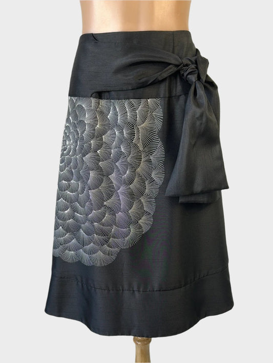 Designer Identity asymmetric A-line skirt in black slub weave with Japanese kiku pattern and yoke waist for formal wear