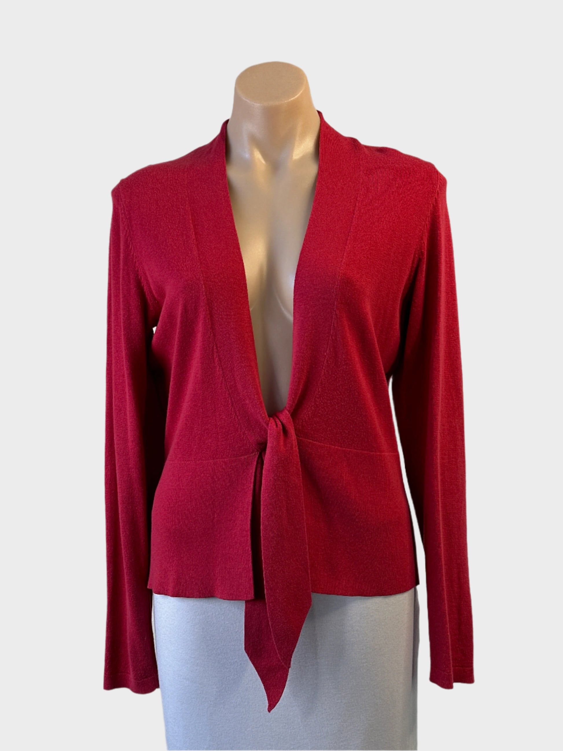 Designer Jackpot Daily red pure cotton knit cardigan with tie front and peplum waist for office or smart casual wear.