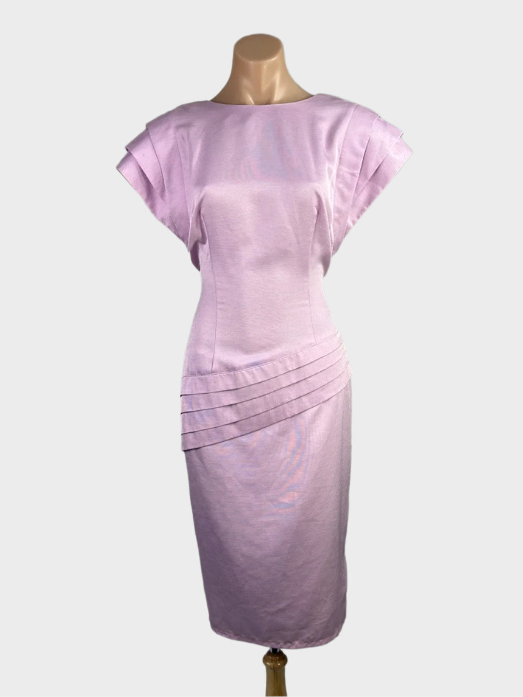 Designer Jan Chadwick pink backless sheath dress in slub weave with bateau neck, pleated cap sleeves, and pencil skirt for special events.