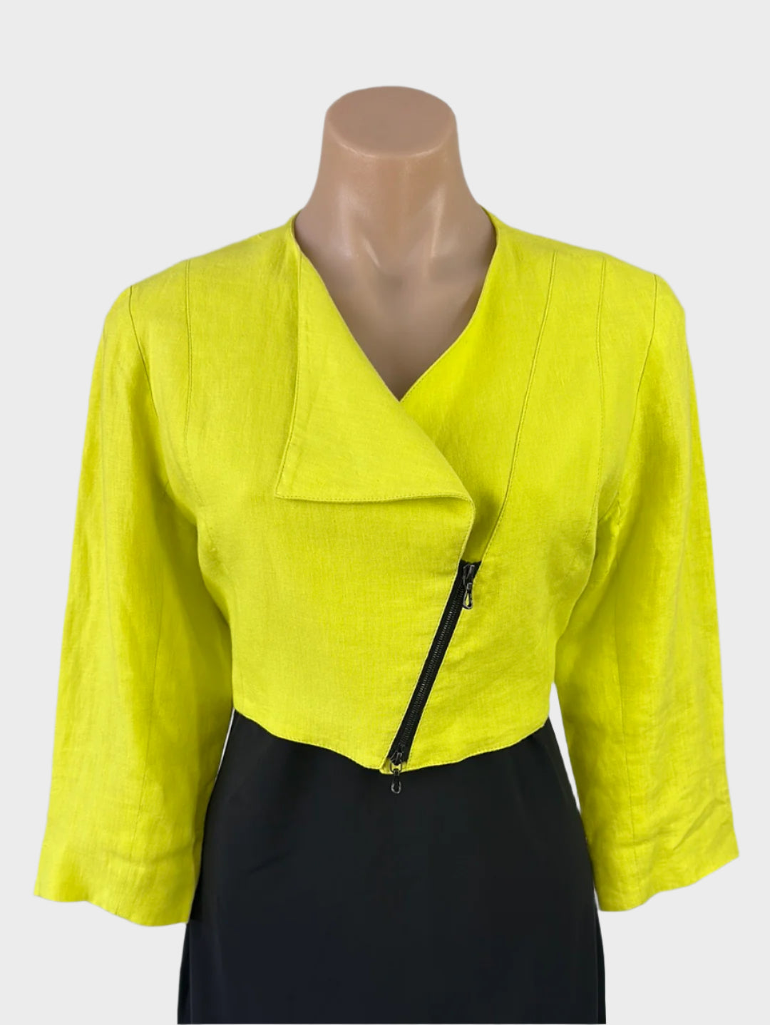 Designer Jane Daniels yellow retro 80's style bolero jacket in linen with two-way zip and asymmetric lapels for smart casual wear.