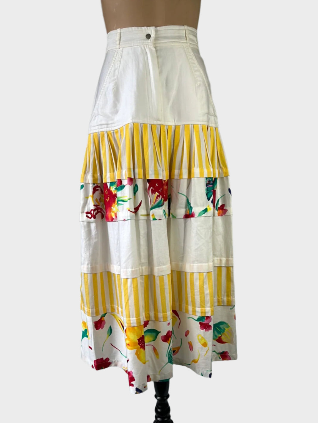 Designer Jill Fitzsimon vintage 80's layered skirt in white and yellow cotton with stripe and floral prints for smart casual wear.