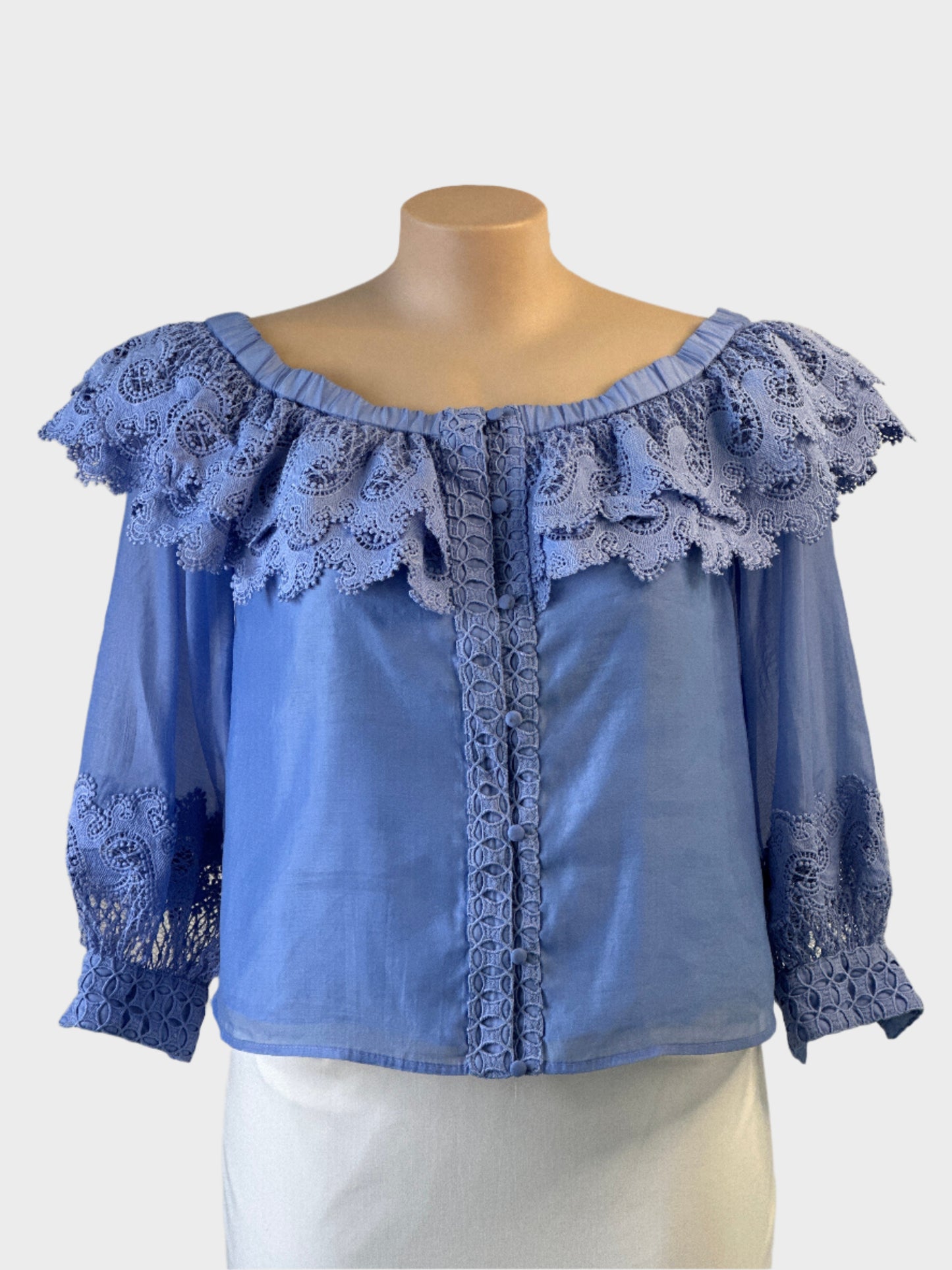 Designer Karen Millen blue off the shoulder top with guipure lace trim and bishop sleeves for special events wear.