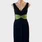 Designer Kay Unger black and green sleeveless sheath dress in sheer jersey with twist front for evening or formal wear