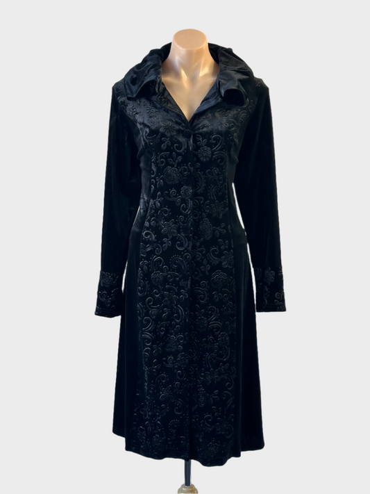 Designer La Strada black velvet jacket with floral pattern and shawl collar for evening wear.