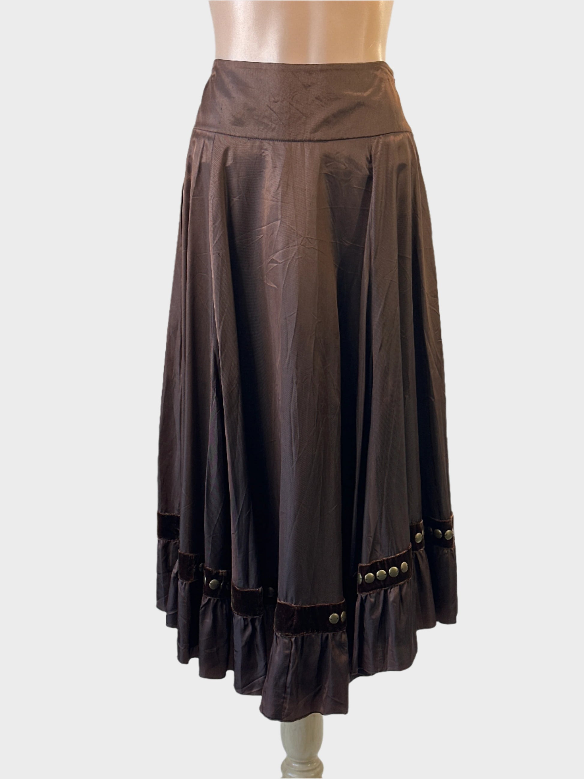 Designer Lisa Ho vintage 90's brown circle skirt in satin twill with velvet trim for evening or special events.