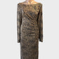 Designer LK Bennett brown and black jersey leopard print sheath dress with ruched waist for special events or evening wear.