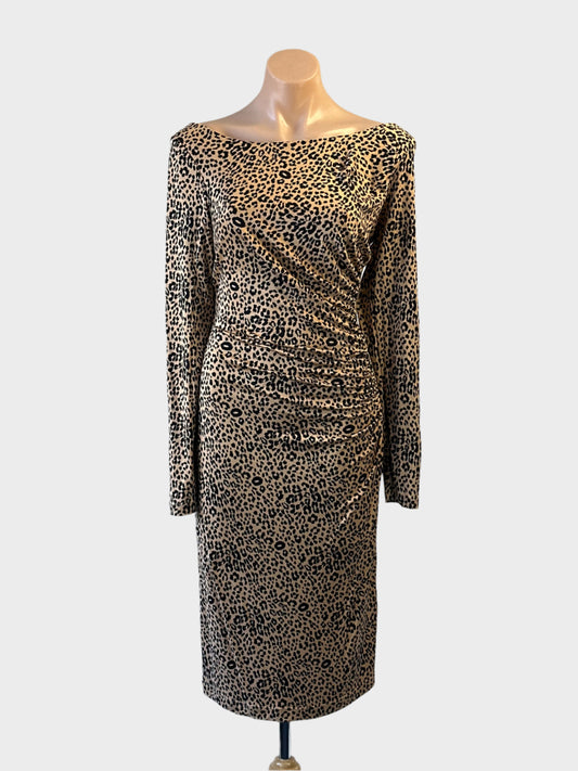 Designer LK Bennett brown and black jersey leopard print sheath dress with ruched waist for special events or evening wear.