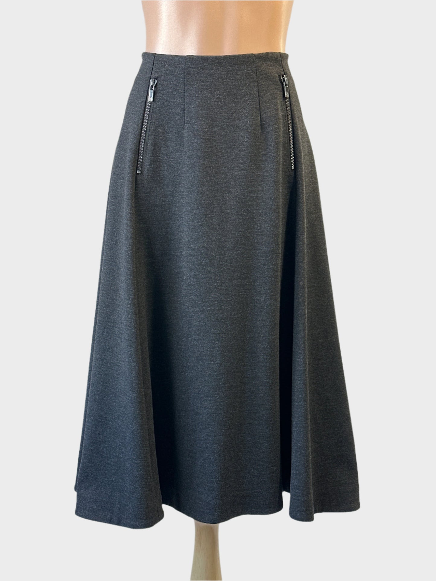 Designer LK Bennett grey Ponte Roma jersey flared panel skirt with zip pockets for office or smart casual wear.