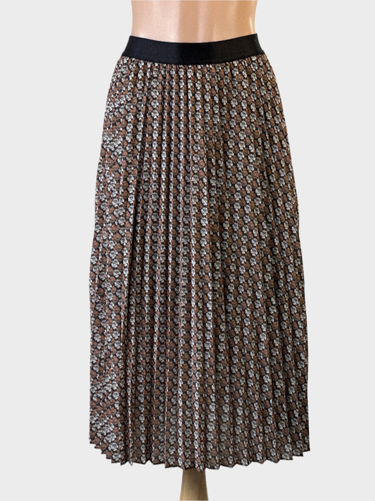 Designer MADS NØRGAARD grey and brown floral pleated skirt with elastic waistband for office or smart casual wear.