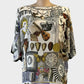 Designer Marina Rinaldi black and white silk top with Victorian print and dolman sleeves for smart casual or office wear.
