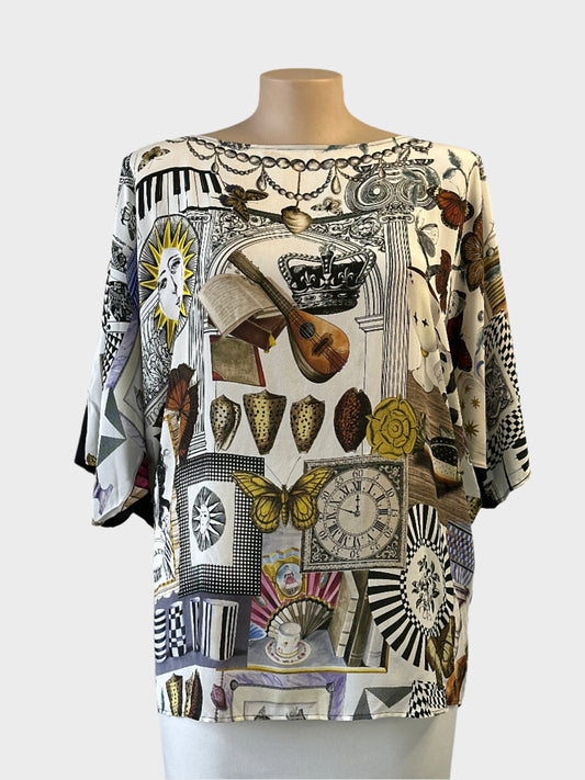 Designer Marina Rinaldi black and white silk top with Victorian print and dolman sleeves for smart casual or office wear.