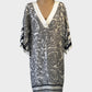 Designer Max Mara black and white shift dress in silk with Baroque pattern, v-neck, and slit sleeves for smart casual wear.