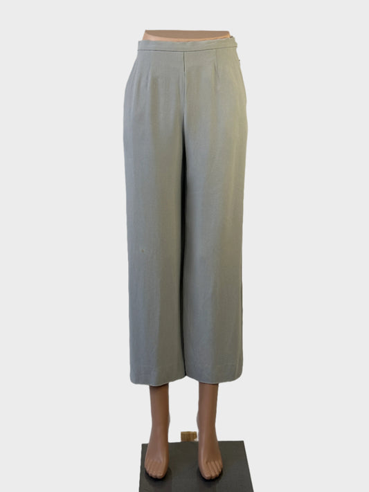 Designer Max Mara grey straight leg cropped pants with high-rise waist, narrow waistband, and slash pockets for office wear.