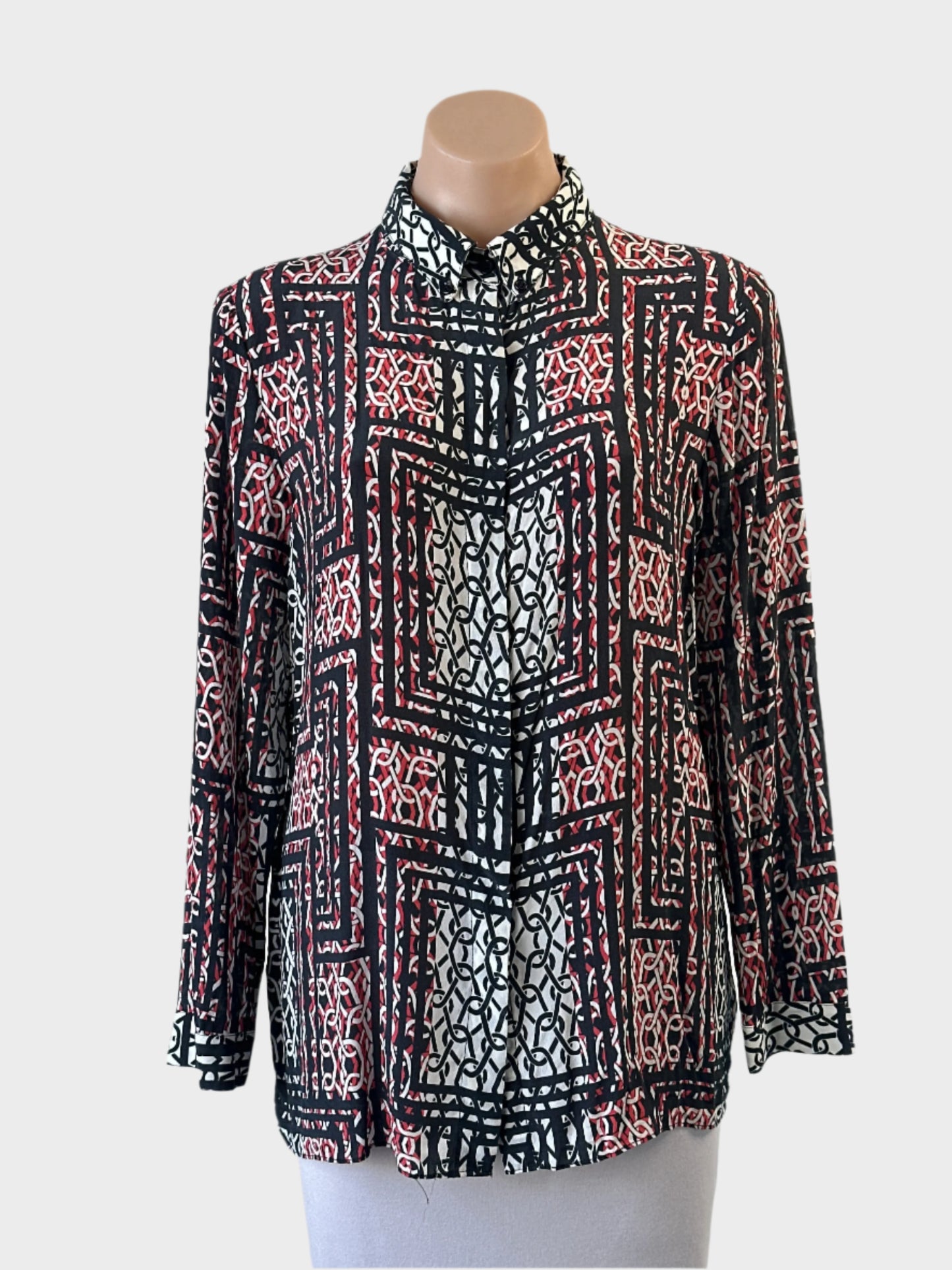 Designer Mela Purdie black and red shirt in sheer crepe with chain link print and pleated back for office or smart casual wear.