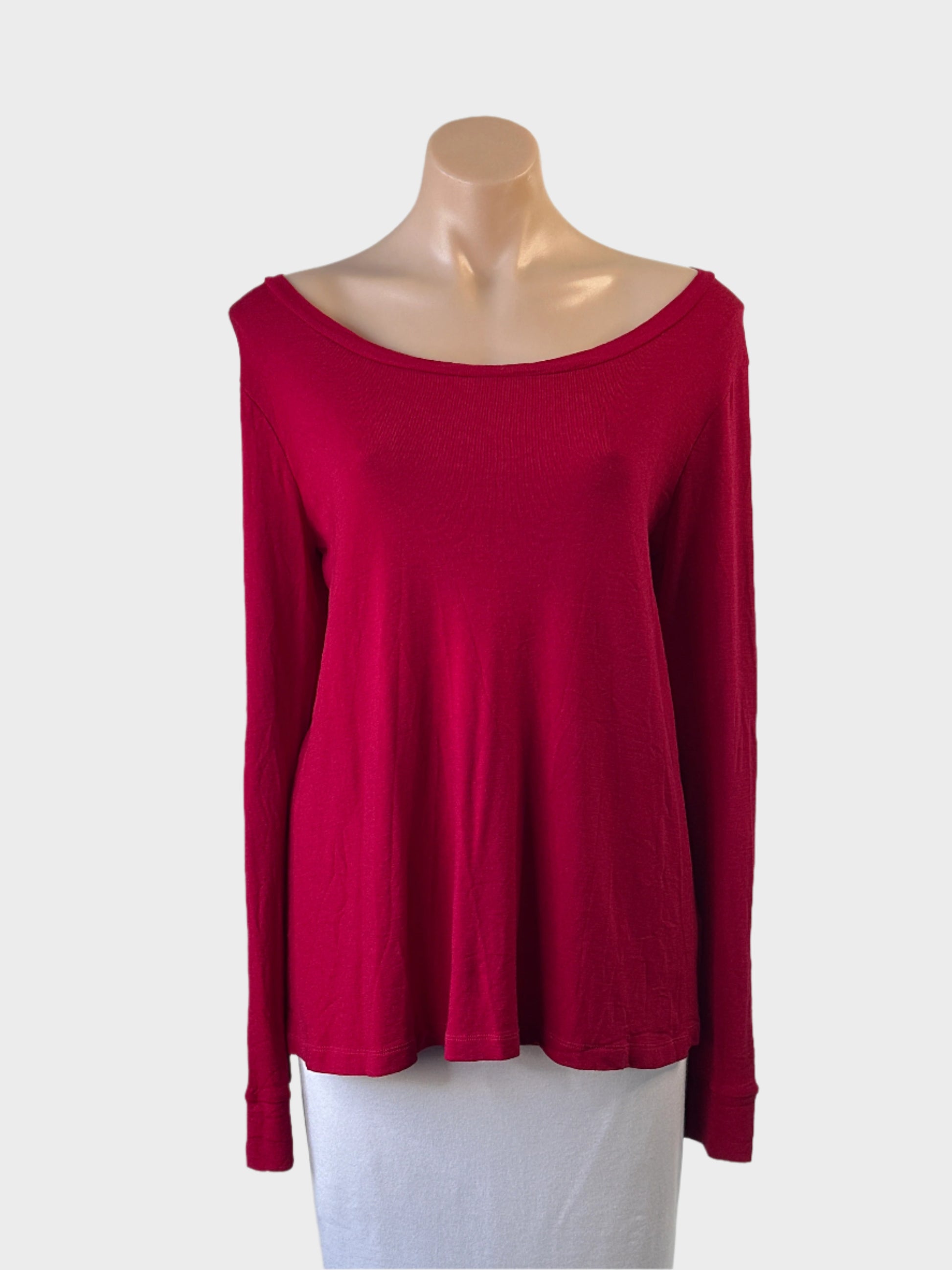 Designer Metalicus classic red knit top with bateau neck and long sleeves for smart casual or office wear.