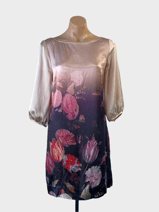 Designer Monsoon pink and purple shift dress in dark floral silk with bateau neck for special events or evening wear.
