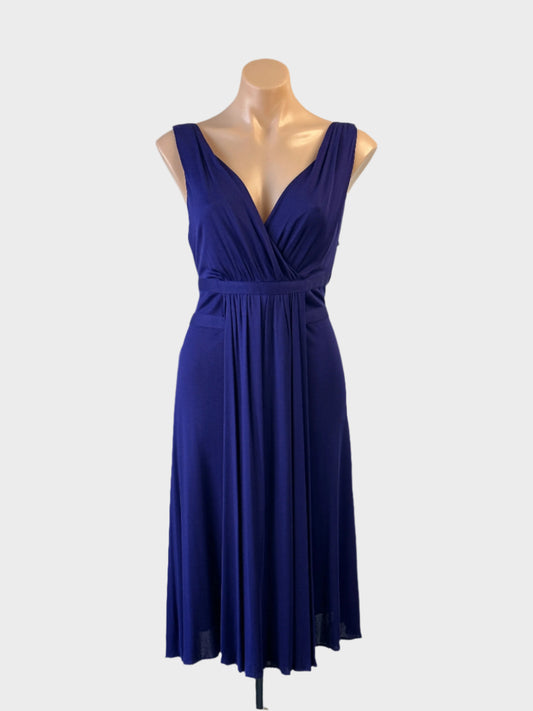 Designer Moschino C&C purple jersey A-line dress with scoop back and draped overlay for evening or special events wear.