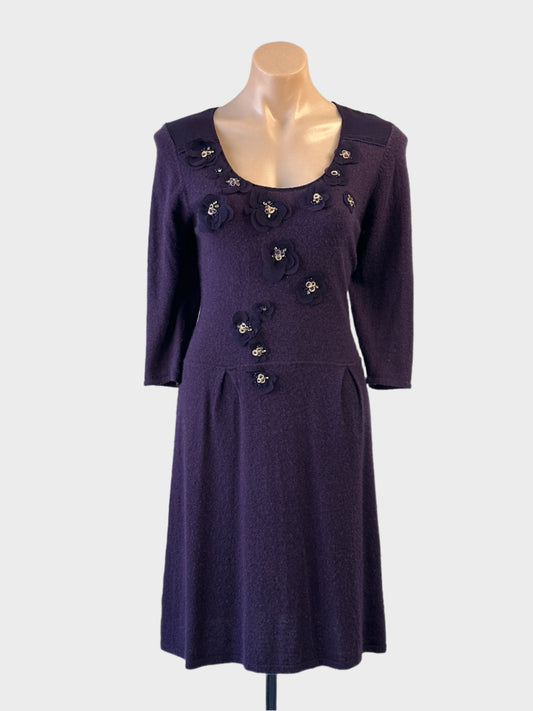 Designer Nougat purple knit sweater dress with appliqué floral beading and pleated skirt for office or smart casual wear.
