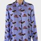 Designer POM purple shirt with moths and butterfly print, satin finish, and standard collar for office or smart casual wear.