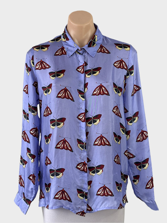 Designer POM purple shirt with moths and butterfly print, satin finish, and standard collar for office or smart casual wear.