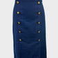 Designer Ralph Lauren navy blue nautical style straight skirt in cotton twill with military-style buttons and front vent for smart casual or office wear.