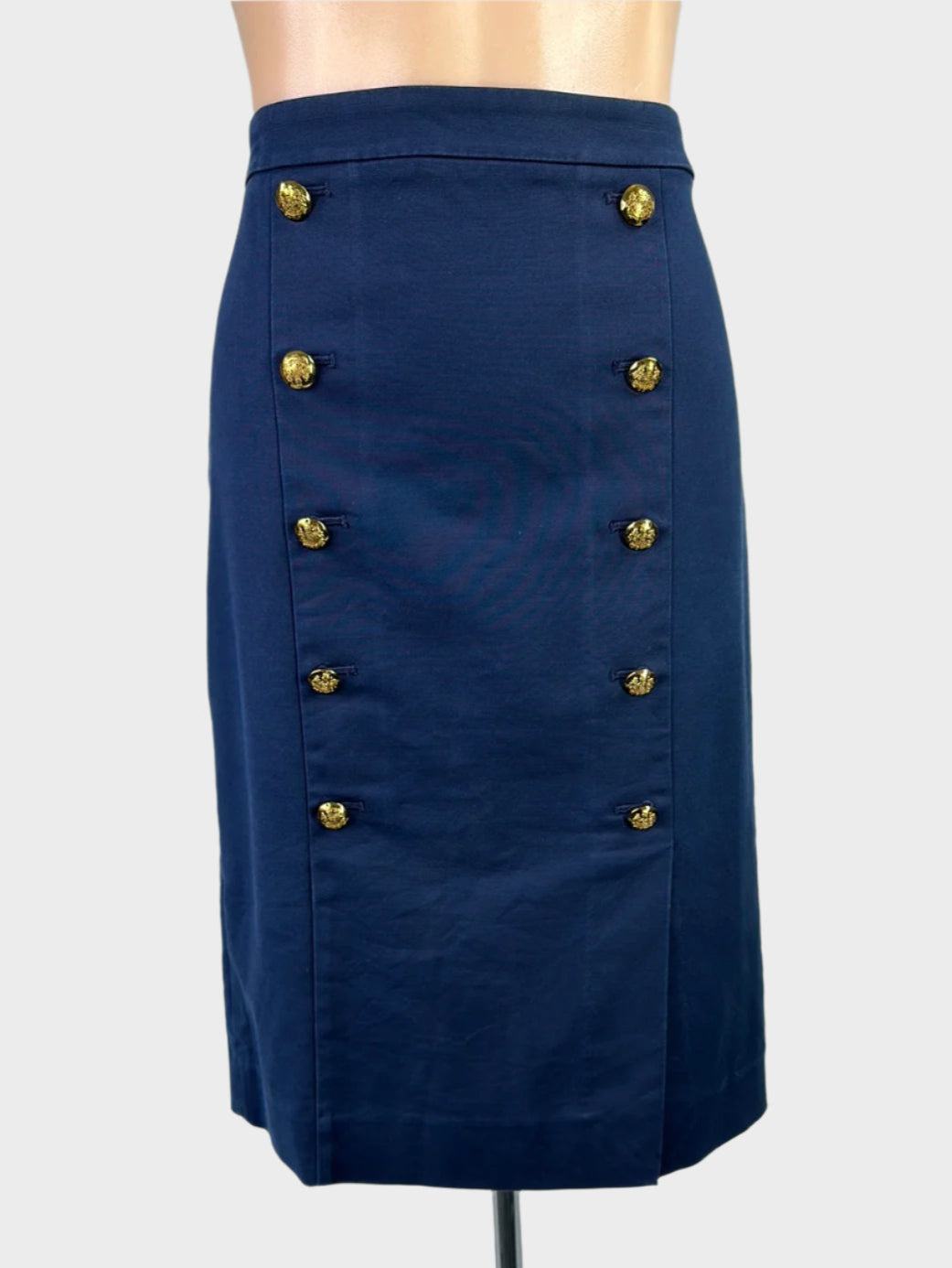 Designer Ralph Lauren navy blue nautical style straight skirt in cotton twill with military-style buttons and front vent for smart casual or office wear.